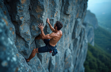 Powerful man climbs steep rock wall outdoors. He grips holds with strong hands, feet. Athlete ascends cliff face with power, focus, determination. He performs extreme sport adventure in wild nature.
