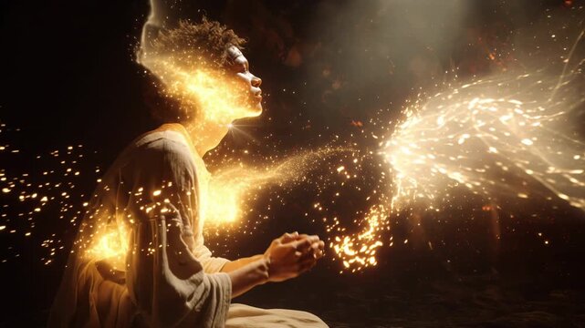 Young spiritual black man praying in a dark, atmospheric setting, his body slowly dissolving into a mesmerizing cloud of glowing golden particles and ethereal light, symbolizing transcendence