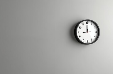 Clock shows twelve oclock on grey wall. Time concept with copy space. Minimalist round clock for home or office time management. Timeless design element. Perfect for schedule and planning.