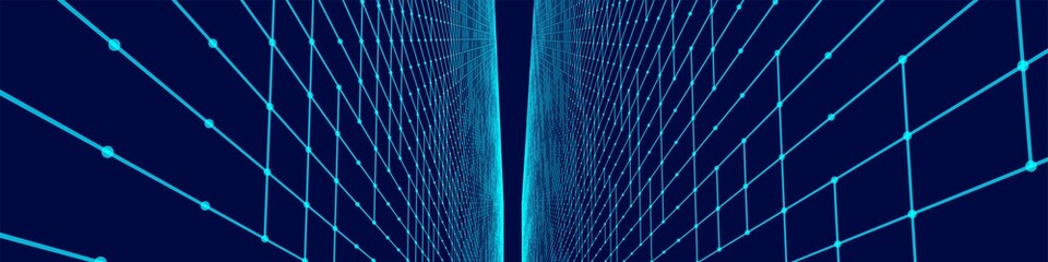 Futuristic colorful perspective grid. Abstract wireframe with blue grid on black background. Virtual landscape in digital style of 80s 90s. Simple perspective grid for design. 3D rendering