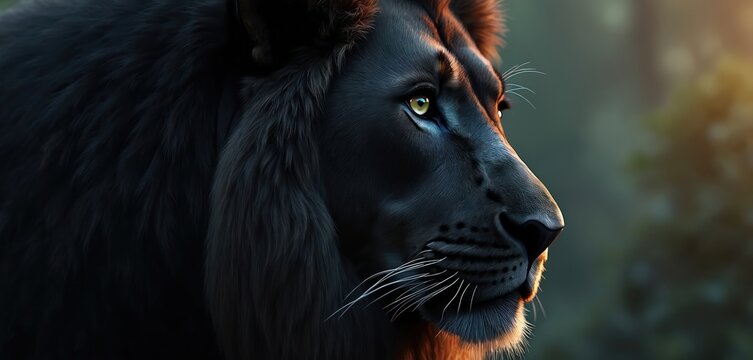 Black lion head portrait looking to the side. Majestic animal with intense gaze and dark fur. It stands in a misty forest with warm light hitting its face. Wildlife scene.