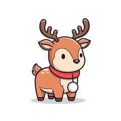 Fototapeta premium Cute cartoon reindeer standing with a bell on its collar for winter holidays 
