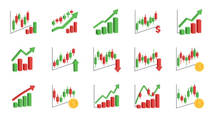 Collection of 3D financial trading charts and graphs, including candlestick charts, bar graphs, and line graphs, illustrating market trends with upward and downward movements, presented in vibrant