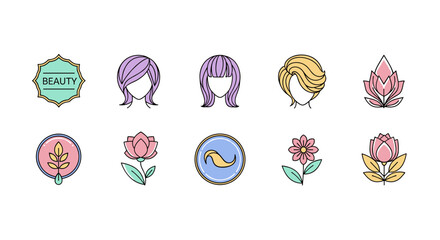 A collection of minimalist, pastel-colored vector icons representing beauty and nature, featuring stylized women's hairstyles, lotus flowers, and botanical elements, perfect for branding, design, and