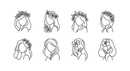 Collection of eight minimalist line art illustrations of female hairstyles adorned with delicate floral elements, including rose crowns and single blossoms, presented on a stark black background
