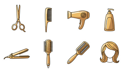 Golden Hairdressing Tools and Accessories Collection: Featuring Scissors, Combs, Hairdryer, Straightener, Brushes, and a Stylized Haircut Silhouette, Perfect for Beauty Salons and Hair Care Brands