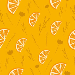 Bright citrus seamless pattern with orange slices on mustard yellow background