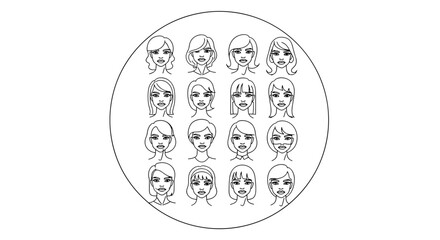 A striking collection of sixteen diverse female faces, rendered in a bold white outline against a stark black background, arranged in a grid within an oval frame, symbolizing individuality and