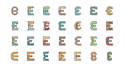 A vibrant collection of diverse, stylized letter E designs in pastel colors against a black background, showcasing a variety of creative typography and graphic art styles, perfect for educational or