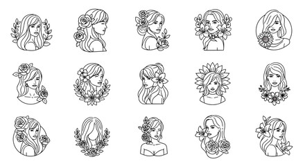 Collection of 15 elegant line art illustrations of women's faces adorned with various flowers and foliage, presented in a clean, minimalist white outline style on a black background, perfect for