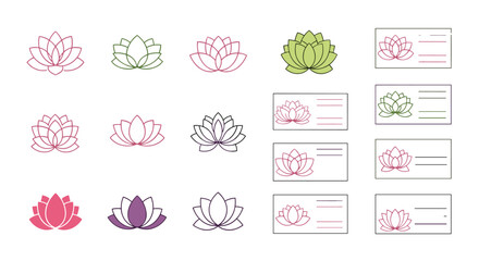 Collection of stylized lotus flower icons and business card mockups in vibrant pink, purple, and green gradients on a black background, symbolizing purity, enlightenment, and tranquility, perfect for