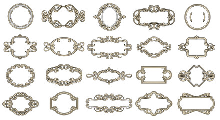 Collection of 20 ornate, vintage, baroque, and rococo style decorative frames and borders with intricate scrollwork and flourishes, isolated on a black background, perfect for invitations