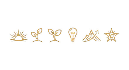 Set of six golden line art icons on a black background, symbolizing growth, ideas, and achievement: sunrise, seedling, sprout, lightbulb, upward arrow through mountains, and a starburst.