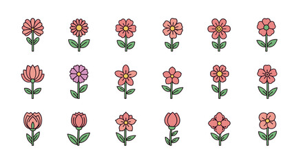 Collection of 15 stylized, flat design flower icons in pastel pink and peach hues, set against a stark black background, showcasing diverse floral shapes and petal arrangements, perfect for spring