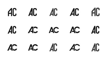 A collection of 15 distinct 'AC' monogram logos, each presented in a unique typographic style and subtle variations of grey against a black background, showcasing versatility for branding and graphic