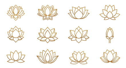 Collection of Golden Lotus Flower Icons and Symbols on a Black Background, Representing Purity, Enlightenment, and Spirituality, Ideal for Yoga, Meditation, and Wellness Brands