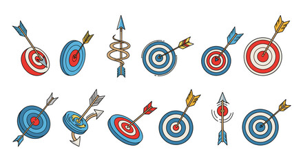 Collection of stylized archery targets with arrows hitting the bullseye, some targets are tilted and some arrows are in motion, presented on a black background, representing accuracy, precision, and