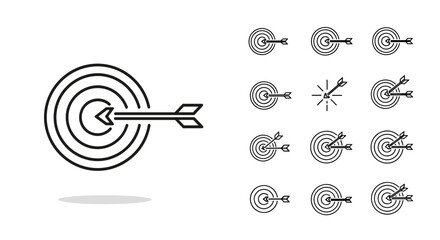 Set of target and arrow icons in outline style, representing goals, success, and precision. Includes a large central target with an arrow and multiple smaller targets with arrows, symbolizing