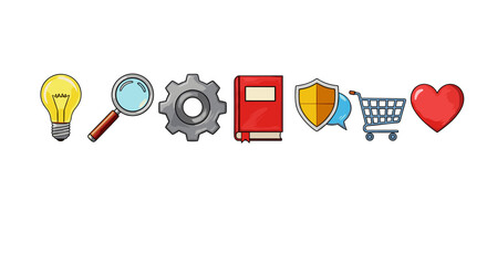 A collection of colorful, hand-drawn icons representing key business concepts: a bright yellow lightbulb for ideas, a magnifying glass for research, a grey gear for process, a red book for knowledge