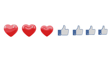 Three-dimensional red hearts and four blue thumbs-up icons arranged horizontally on a black background, symbolizing social media engagement, likes, and love, perfect for digital content and design