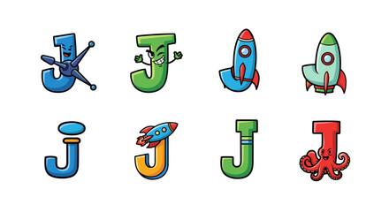Collection of eight cartoon letter J designs, featuring a blue J with satellite arms, a green J with a mischievous grin, two stylized rockets, a simple blue J with antenna, an orange J with a rocket