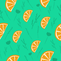 Mint citrus seamless pattern with orange slices and floral herbs