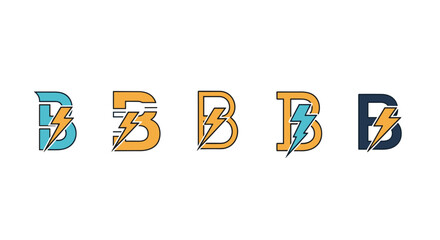 Set of five stylized letter B logos with lightning bolt accents in vibrant blue, orange, and dark blue color variations, perfect for technology, energy, or sports branding, conveying power and speed.