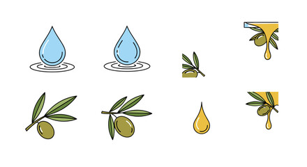 Collection of stylized icons representing olive oil production and water droplets, featuring olive branches with olives, dripping golden oil, and clear blue water drops on a black background, perfect