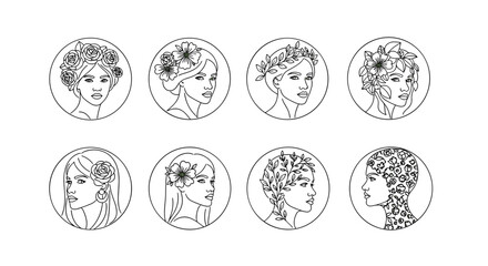 Collection of eight elegant line art portraits of women adorned with floral elements and botanical motifs, presented within circular frames on a black background, symbolizing beauty, nature, and