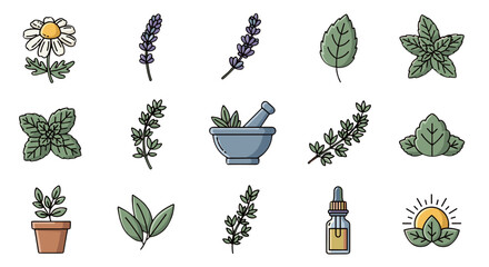 Collection of stylized flat icons representing various herbs and plants, including chamomile, lavender, mint, rosemary, and basil, alongside a mortar and pestle, a potted plant, and a dropper bottle