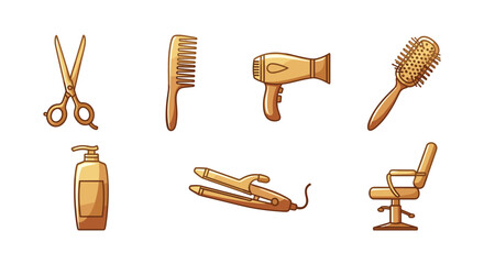 A collection of golden hair salon tools and equipment, including scissors, comb, hairdryer, hairbrush, shampoo dispenser, flat iron, and barber chair, presented against a black background