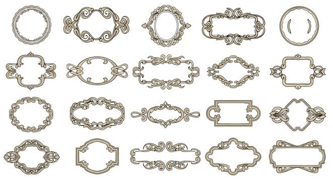 Collection of 20 ornate, vintage, baroque, and rococo style decorative frames and borders with intricate scrollwork and flourishes, isolated on a black background, perfect for invitations