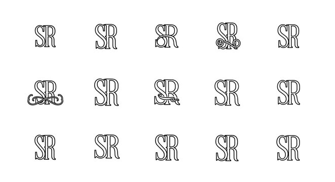 Collection of elegant and ornate SR monogram logos in a vintage serif font, presented on a black background, showcasing intricate decorative elements and classic typography for branding and design - Powered by Adobe