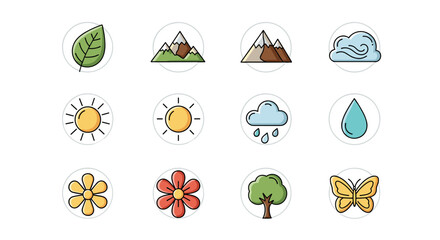 A vibrant collection of twelve circular icons representing nature and weather elements, including a leaf, mountains, sun, cloud, raindrops, water drop, flowers, a tree, and a butterfly, all rendered