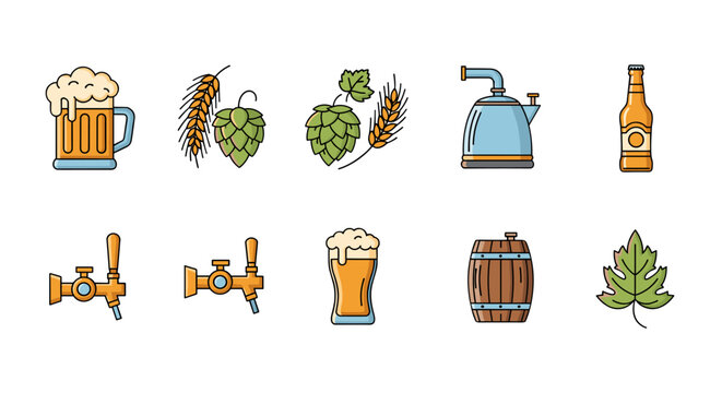 A vibrant collection of flat design icons representing the brewing process and elements of beer, including a frothy mug, hops, barley, a kettle, a beer bottle, taps, a barrel, and a hop leaf, all set