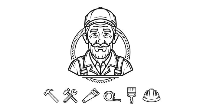 Vintage craftsman portrait with tools, a skilled handyman with a mustache and cap, surrounded by construction and DIY equipment like hammers, wrenches, saws, tape measures, paintbrushes, and hard