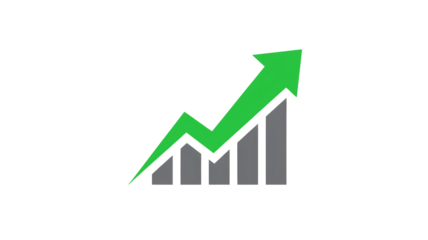 Green upward trending arrow graph showing financial growth and positive economic progress isolated on transparent background