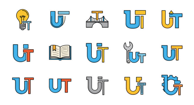Set of stylized icons representing the letters U and T, integrated with various symbols of knowledge, industry, and infrastructure, presented in a vibrant, modern, and clean flat design style on a