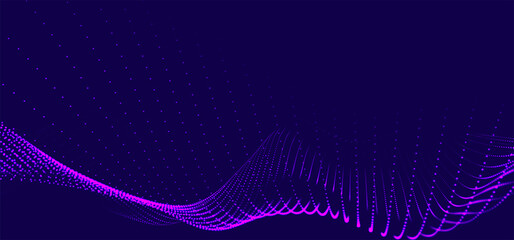 Futuristic dot wave. Abstract digital particle wave. Technology background. Colored musical wave. Dark background. Digital background with smooth, wavy curves. 3D rendering.