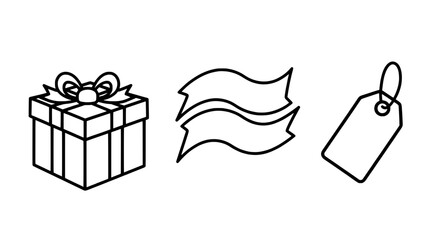 Modern Shopping Essentials Gift Box, Ribbon, Price Tag Vector Icon Set