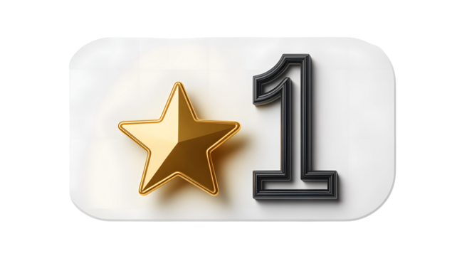 Golden star and black number one symbol representing success and achievement isolated on transparent background