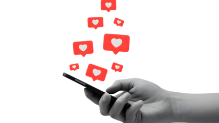 Hand holding a smartphone with red heart notification icons floating out of the screen isolated on transparent background