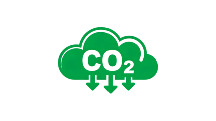 Green cloud icon with co2 text and downward arrows symbolizing carbon dioxide reduction and environmental protection isolated on transparent background