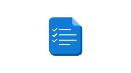 Blue digital checklist with white checkmarks and lines on a document icon isolated on transparent background