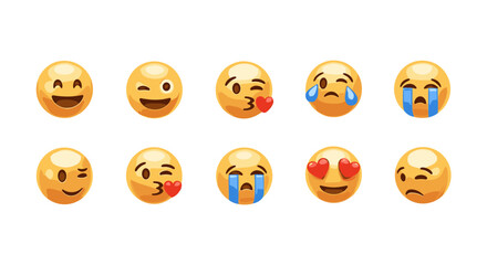Collection of ten expressive yellow emoji faces on a black background, showcasing a range of emotions including happiness, winking, blowing a kiss, crying, and love, perfect for digital communication