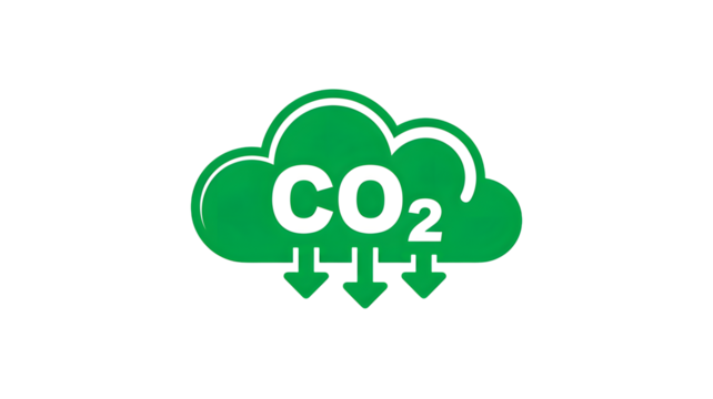 Green cloud icon with co2 text and downward arrows symbolizing carbon dioxide reduction and environmental protection isolated on transparent background - Powered by Adobe