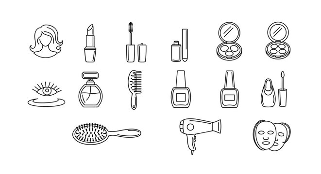 Collection of white line art icons representing beauty and cosmetic products, including lipstick, mascara, nail polish, perfume, hair dryer, hairbrush, makeup palettes, and face masks, set against a - Powered by Adobe