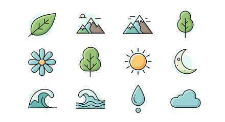 Collection of twelve flat design icons representing nature and weather elements, including a leaf, mountains, trees, a flower, sun, moon, waves, a raindrop, and a cloud, all set against a black