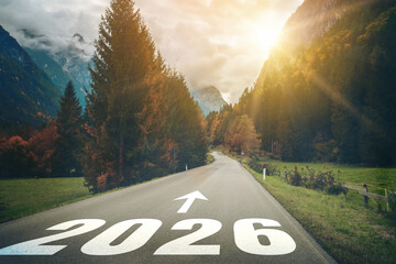 2026 New Year road trip travel and future vision concept . Nature landscape with highway road...