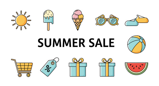 Summer Sale Icons Collection: A vibrant and cheerful set of flat design icons perfect for promoting summer discounts and seasonal offers, featuring a sun, ice cream, sunglasses, beach ball, shopping